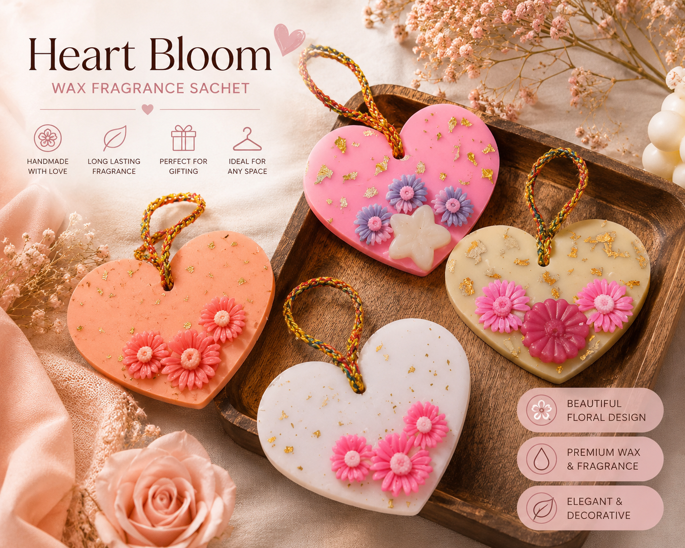 Heart Bloom Wax Fragrance Sachet – Hanging Air Freshener