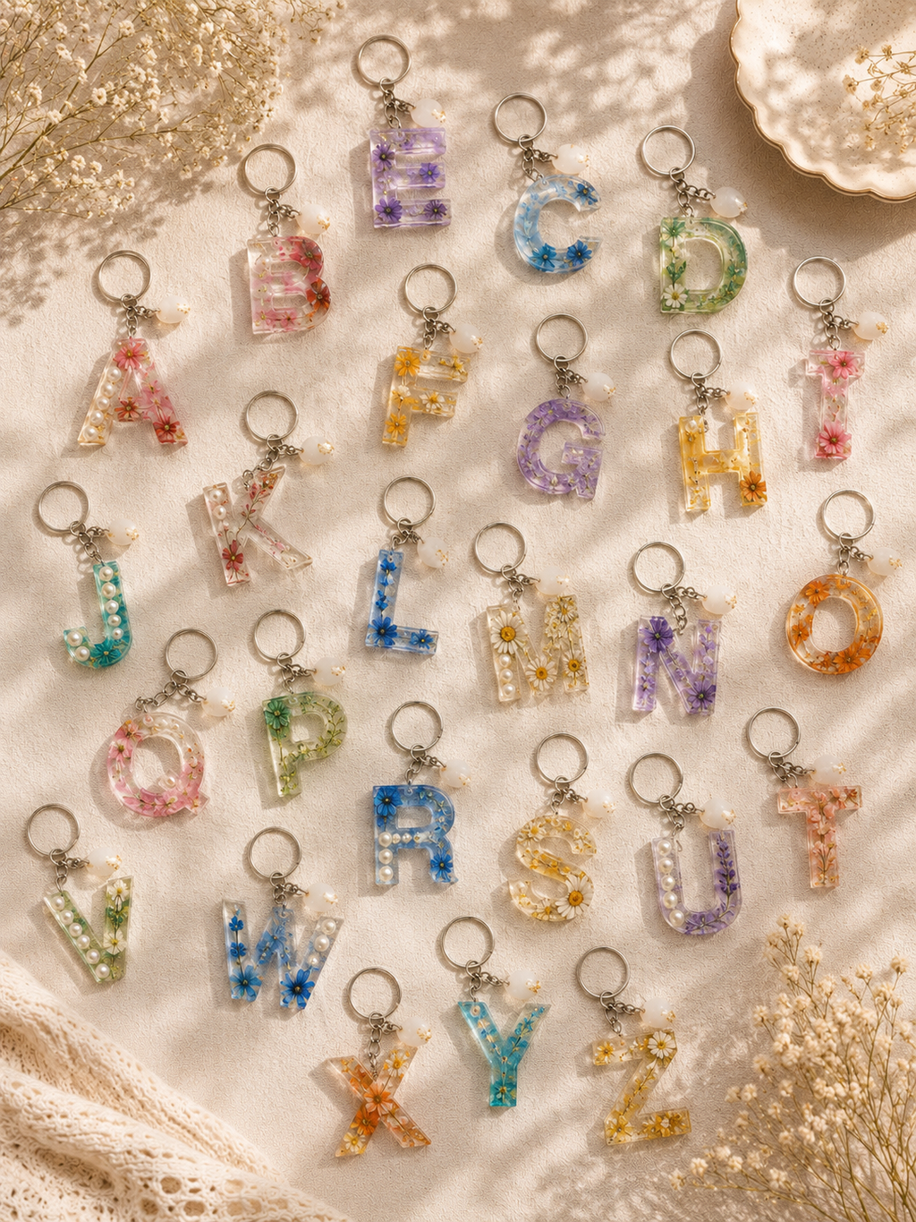 Floral Resin Alphabet Keychain – Personalized Initial Charm with Real Dried Flowers