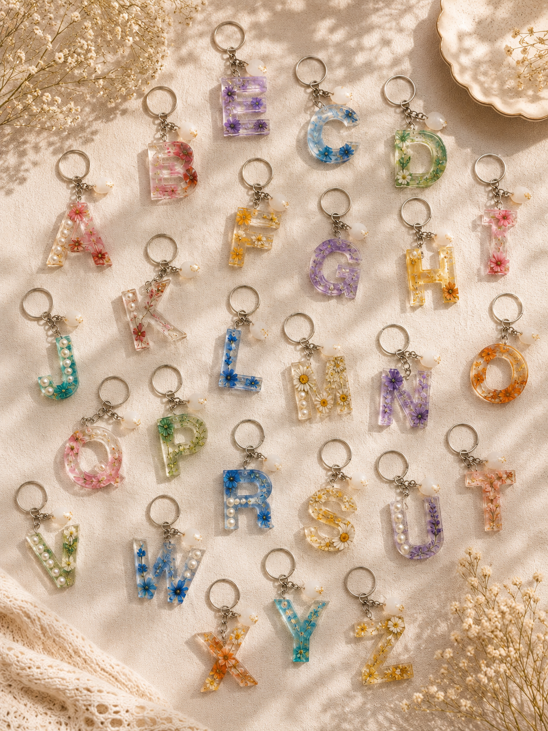 Floral Resin Alphabet Keychain – Personalized Initial Charm with Real Dried Flowers