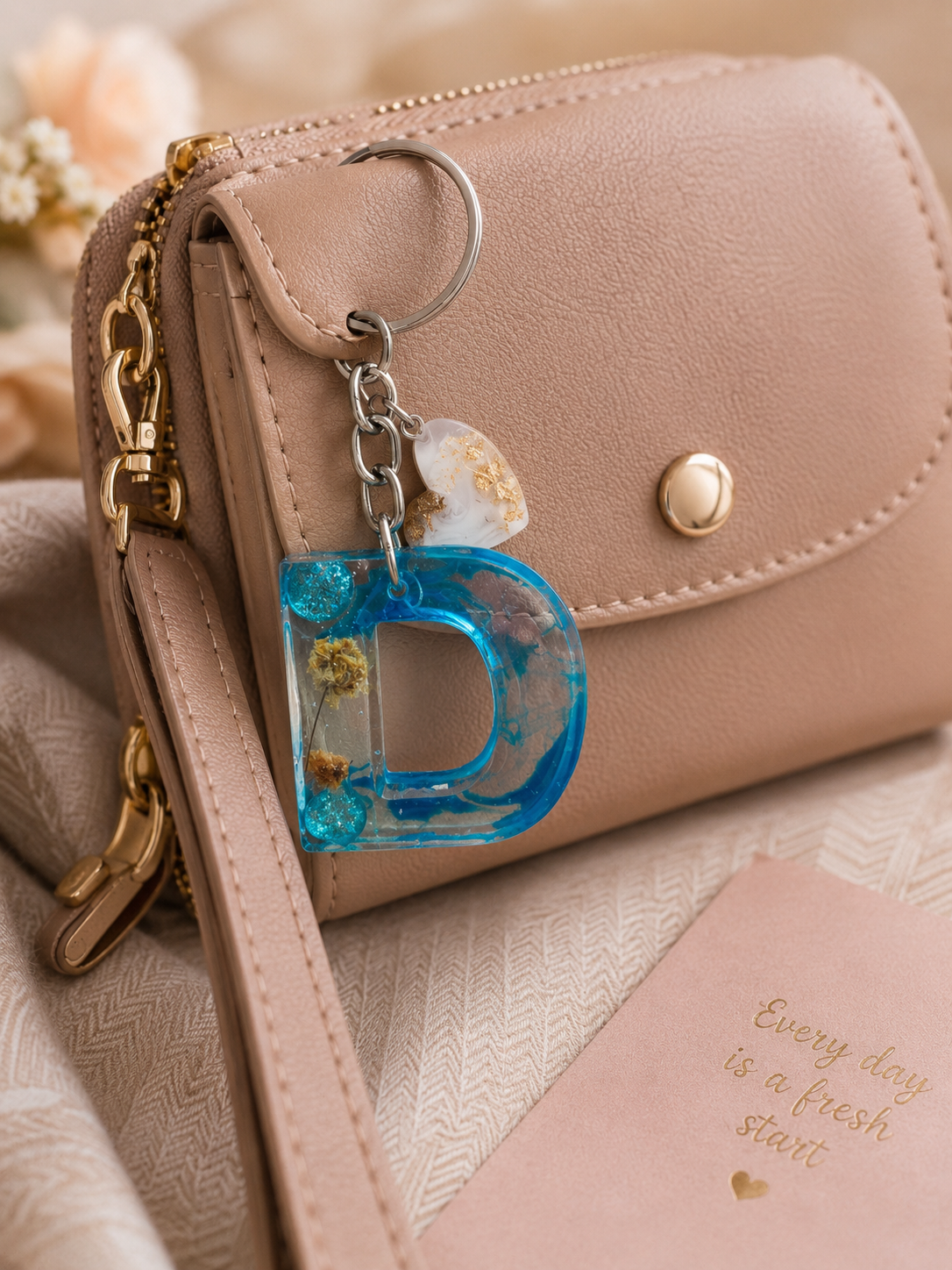 Floral Resin Alphabet Keychain – Personalized Initial Charm with Real Dried Flowers