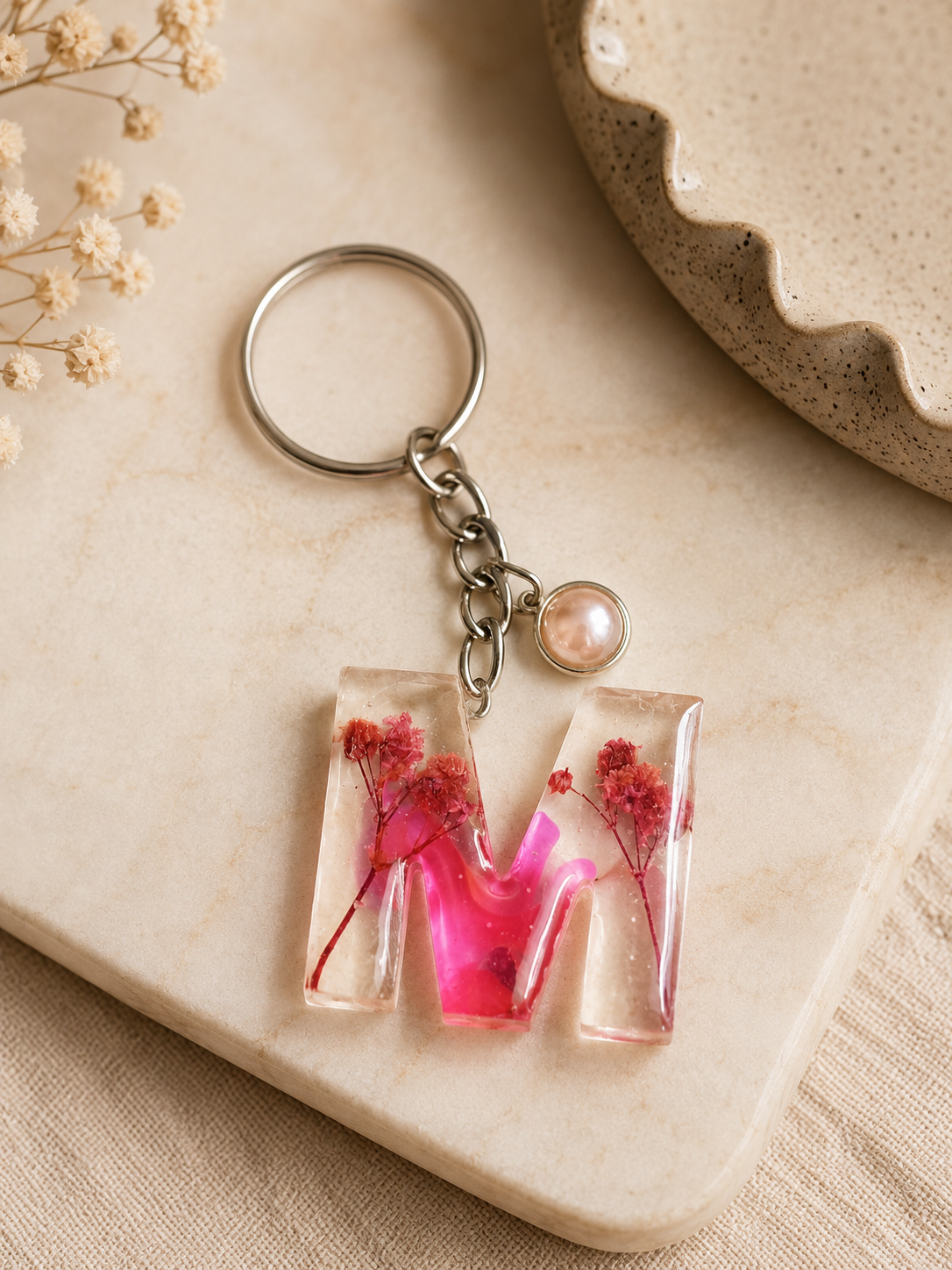 Floral Resin Alphabet Keychain – Personalized Initial Charm with Real Dried Flowers