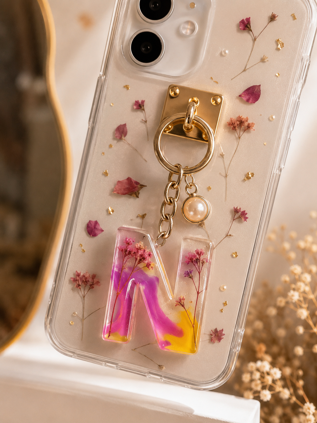Floral Resin Alphabet Keychain – Personalized Initial Charm with Real Dried Flowers