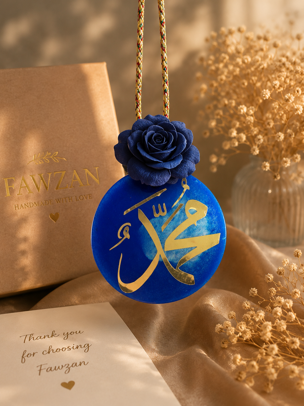 Islamic Resin Car Hanging Charm with Arabic Calligraphy – Handmade Rear View Mirror Decor