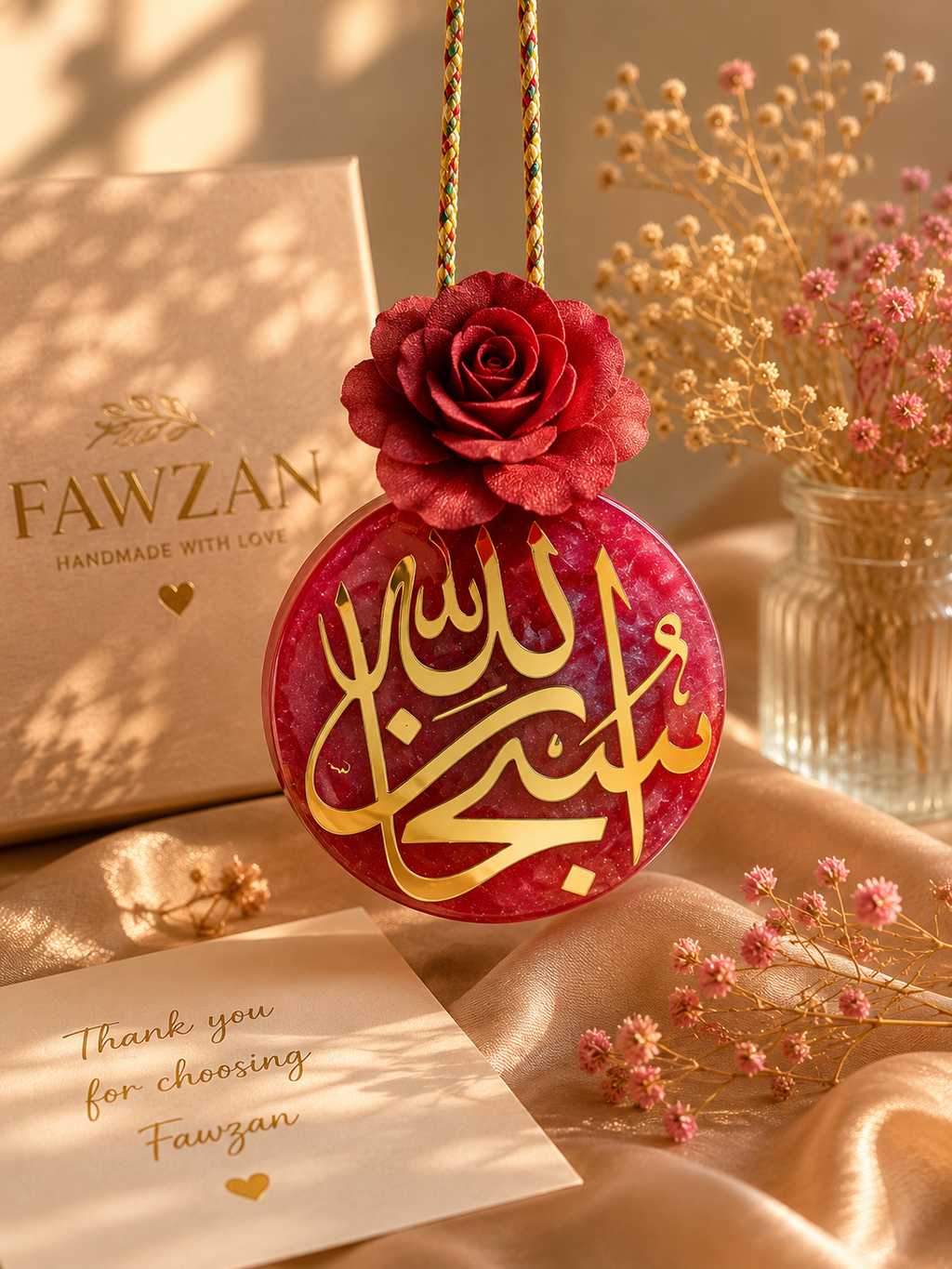 Islamic Resin Car Hanging Charm with Arabic Calligraphy – Handmade Rear View Mirror Decor