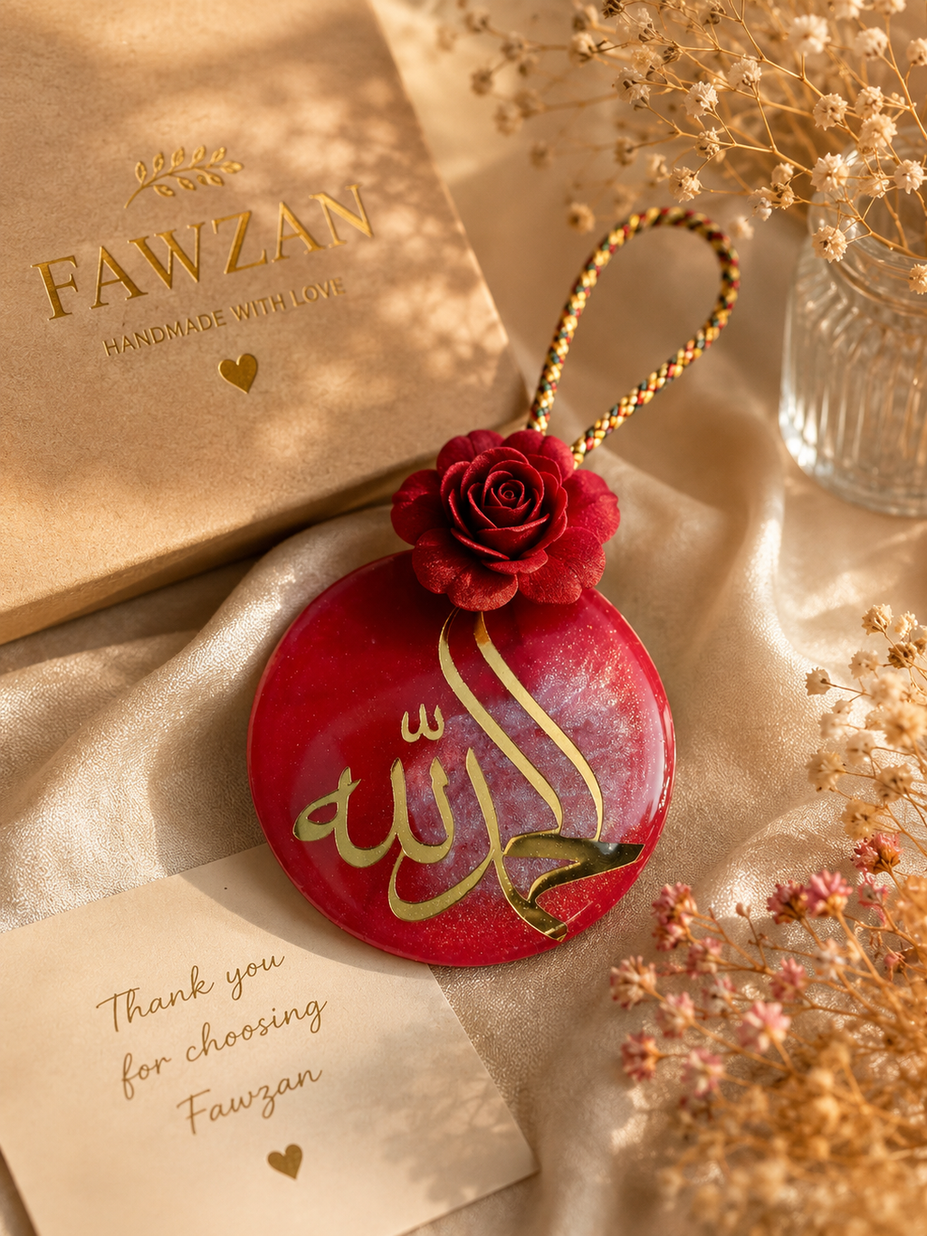 Islamic Resin Car Hanging Charm with Arabic Calligraphy – Handmade Rear View Mirror Decor