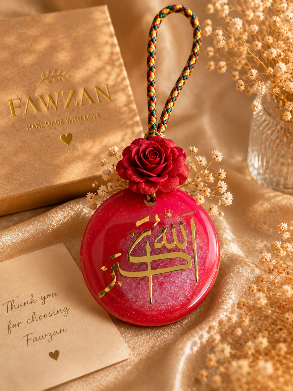 Islamic Resin Car Hanging Charm with Arabic Calligraphy – Handmade Rear View Mirror Decor