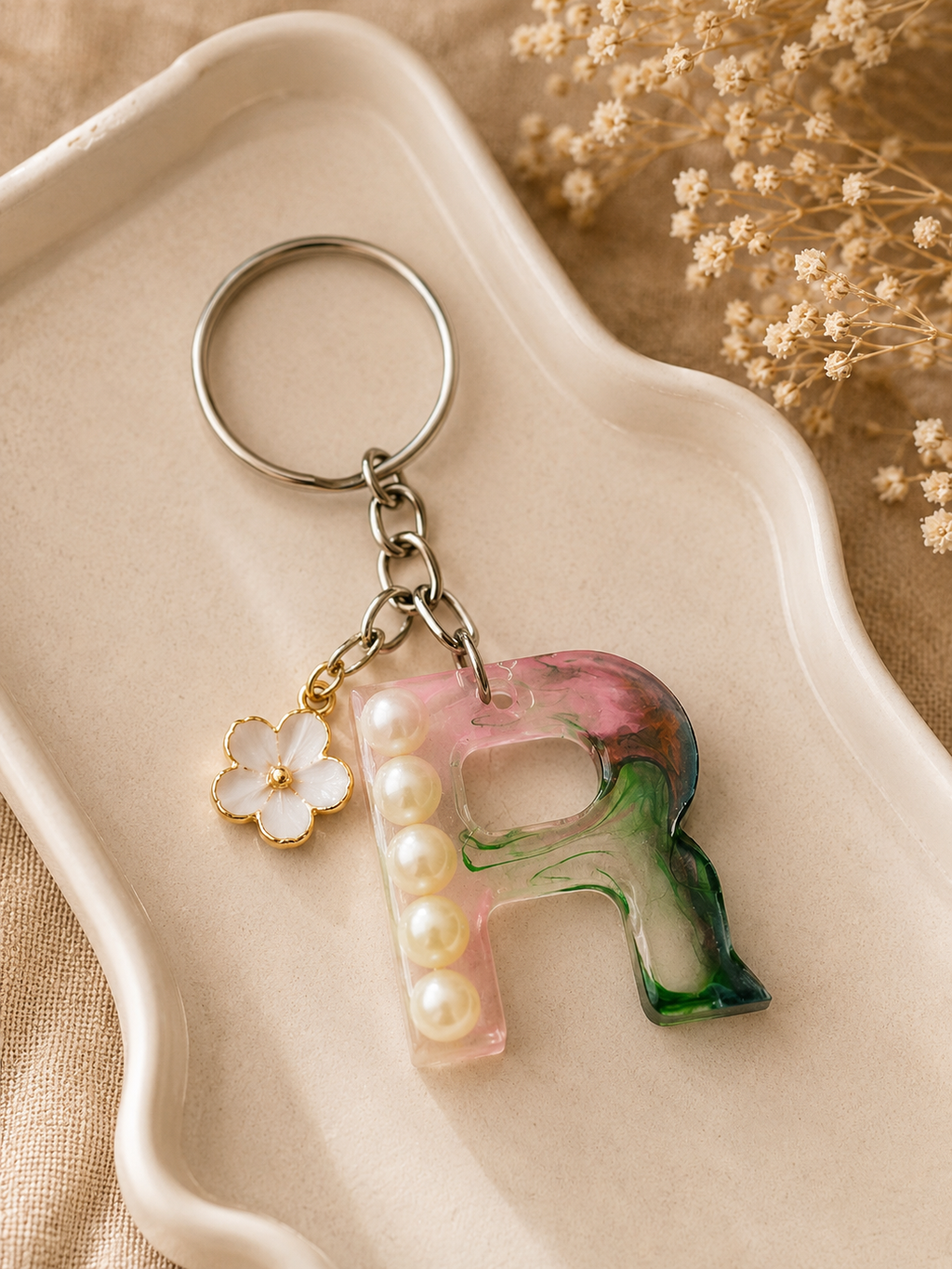 Floral Resin Alphabet Keychain – Personalized Initial Charm with Real Dried Flowers