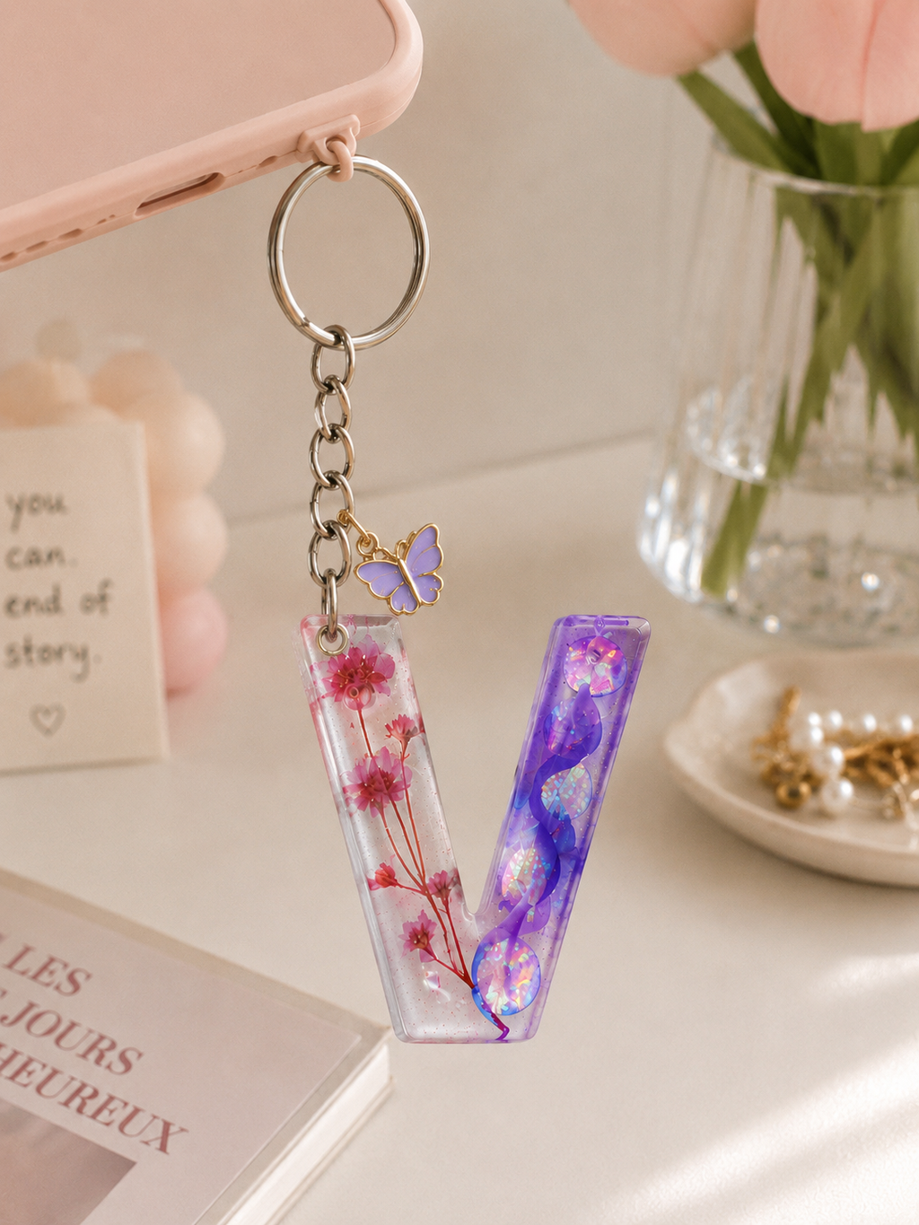 Floral Resin Alphabet Keychain – Personalized Initial Charm with Real Dried Flowers