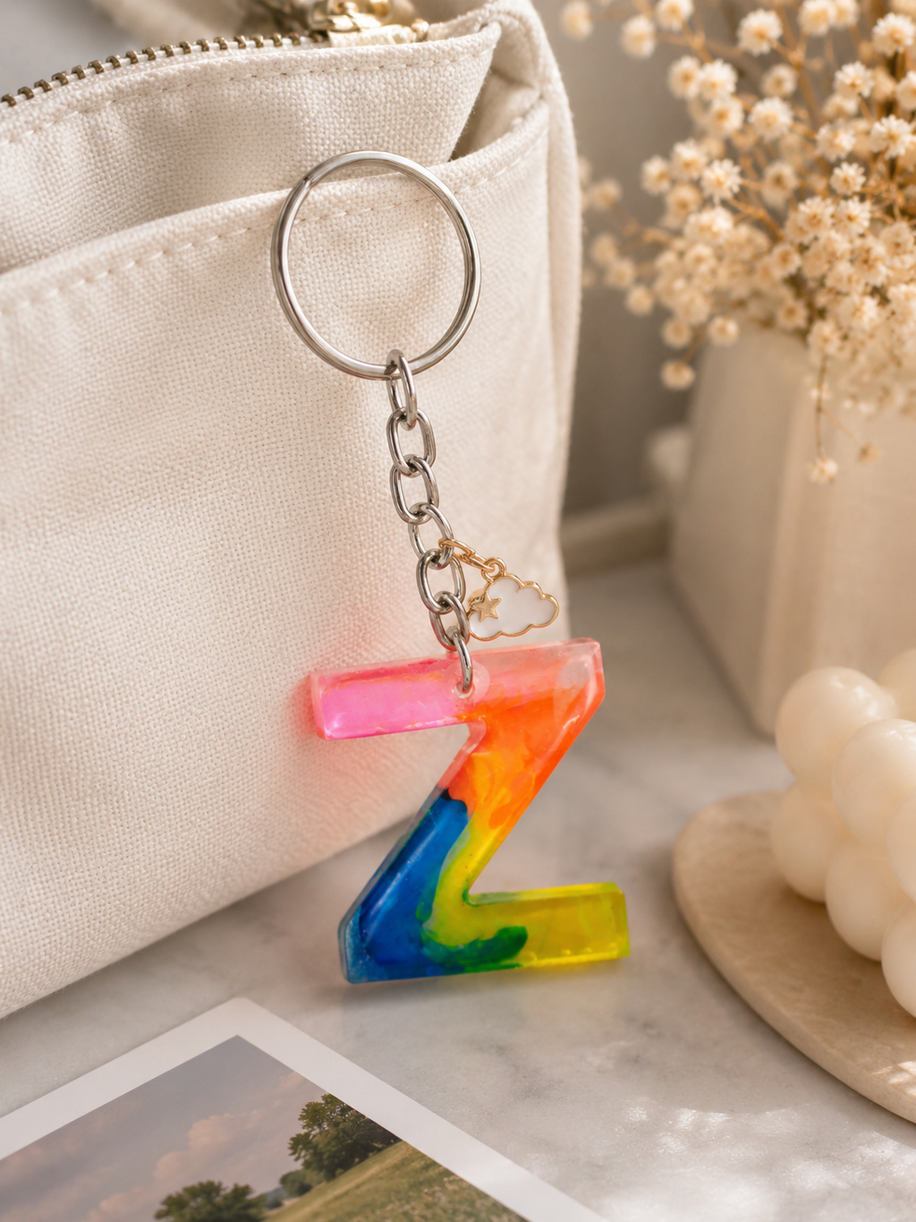 Floral Resin Alphabet Keychain – Personalized Initial Charm with Real Dried Flowers