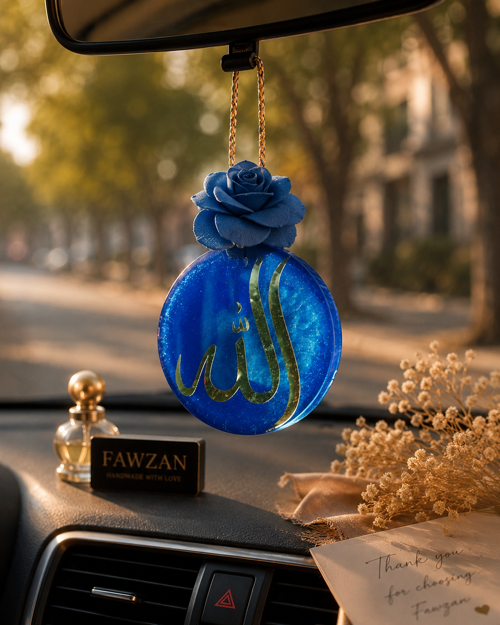 Islamic Resin Car Hanging Charm with Arabic Calligraphy – Handmade Rear View Mirror Decor